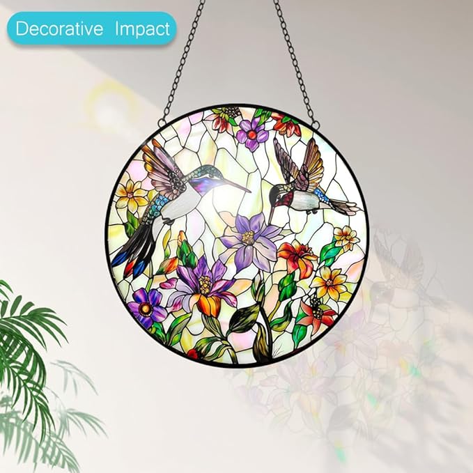Hummingbird Suncatcher Stained Glass Window Hanging - Bird and Flowers Suncatchers for Windows - Sun Catchers Indoor Window Wall Art Home Decor Panel - Hummingbird Gifts for Women Men Mom Bird Lovers