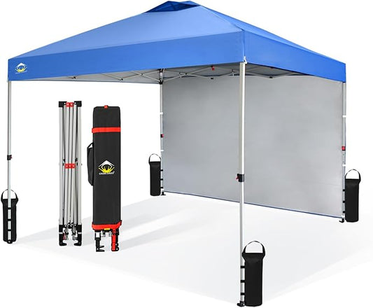 CROWN SHADES 10x10 Pop Up Canopy with 1 Side Wall - Beach Tent with One Push Setup - Outdoor Sun Shade for Events, Parties, Camping - Gazebo with STO-N-Go Cover Bag (Blue)
