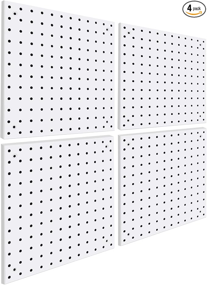 4 Pack Steel Peg Board,Universal 1/8 and 1/4 Pegboard Accessories,Ideal for Garage Tool Storage, Office Organization, Craft Room, Kitchen etc. (White, 4-12X12)