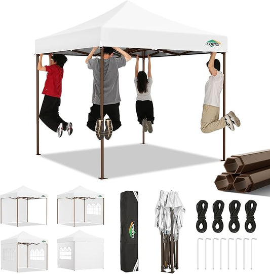 COBIZI 10x10 Pop Up Canopy Tent Heavy Duty with 4 Sidewall, Commercial Outdoor Easy Pop Up Gazebo for Party Wedding All Weather Waterproof UV 50+ with Carry Bag(Leg Upgraded),White