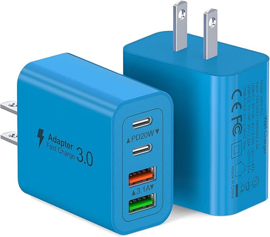 [40W/2Pack] Wall Charger, USB C Charger Block, Multi-Port PD + QC 3.0 Super Fast Charging Power Plug Adapter Brick for Watch Series 9 8 7, iPhone 16 15 14 13 Pro Max Airpod, Samsung Galaxy S24(Blue)