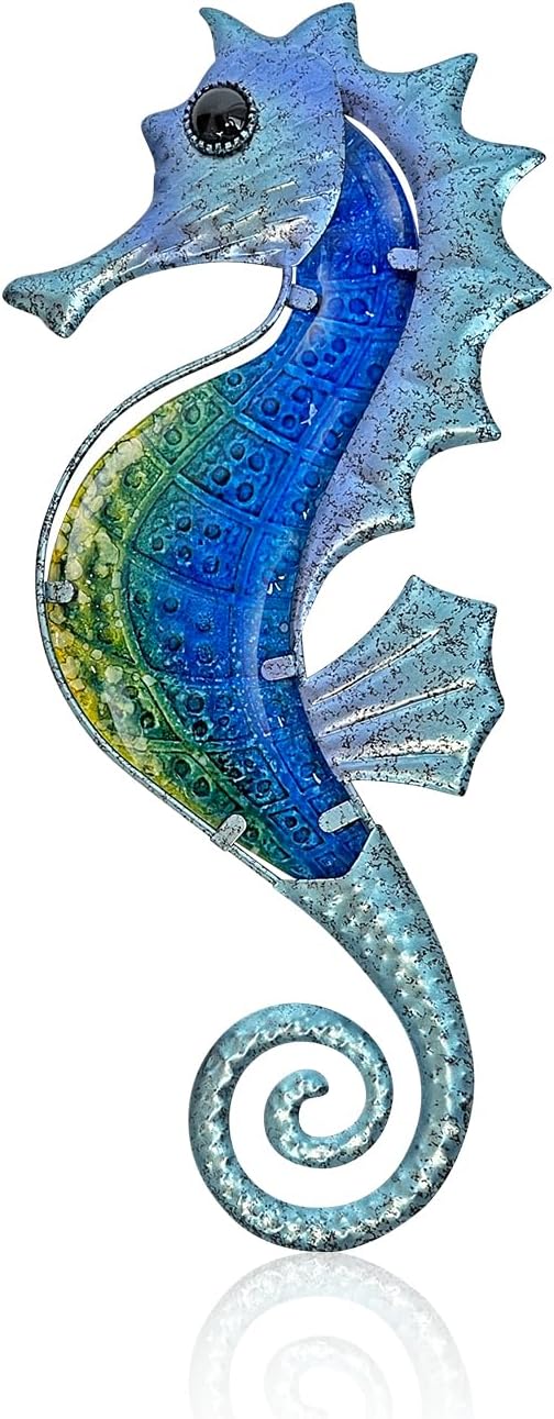 LIFFY Large Metal and Glass Seahorse Wall Decor, Sea Life Decor, Metal Fish Wall Decor, Ocean Beach Theme Wall Art for Bathroom Home Pool Gift Idea