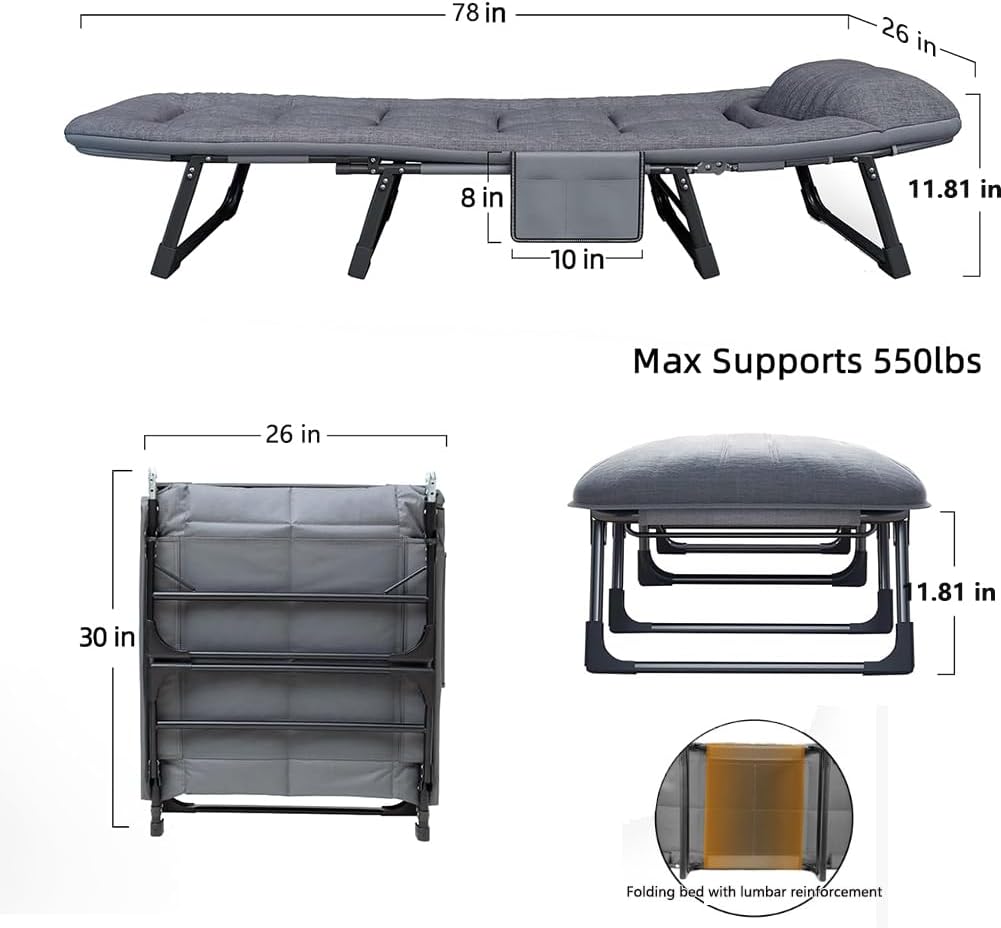 Camping Cot Portable Folding Bed for Adults 6 Position Adjustable Cot Recliner Chair with Pillow Heavy Duty Steel Frame Camping Office Nap Indoor Outdoor Use (Extra Large(78in))