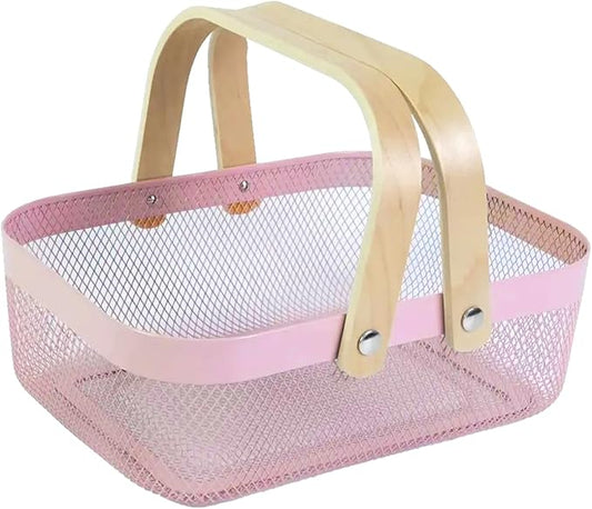 Metal Mesh Steel Basket, Storage Organizer Basket Garden Harvest Basket Multi-functional Kitchen Fruit Baskets Bin with Wooden Handle for Bathroom Picnic Shopping Decor Cabinet Home, Pink