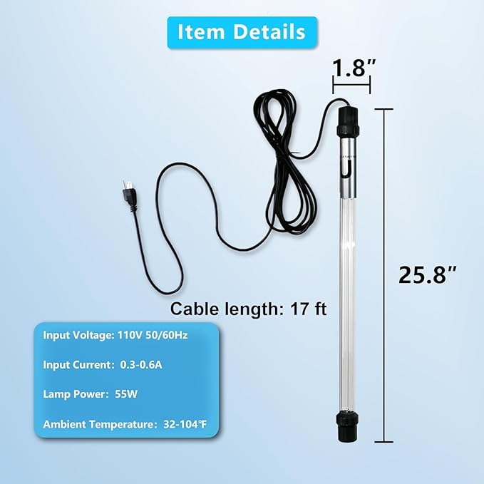 55W Aquarium UV Light for 500-5000 Gallon, UV Pond Light for Koi Pond, Swimming Pool, Spa, Large Fish Tank, Cold Plunge UV Light for Pond Algae Control