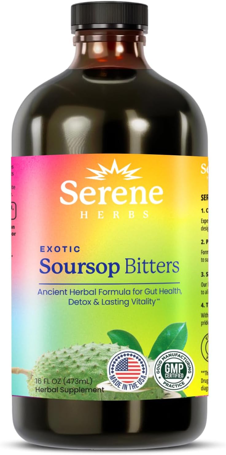 Serene Herbs - Soursop Bitters Liquid - Organic Herbal Guanabana Detox with Black Seed, Moringa & Ginger - Supports Digestive Wellness & Immune Function - 16 fl oz