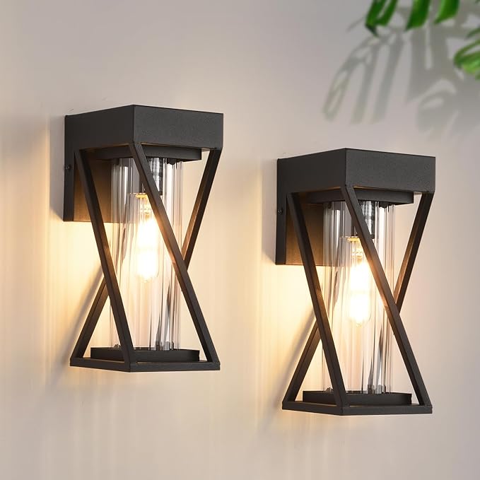 Outdoor Wall Lights Set of 2, Exterior Sconce Lighting Fixtures, Black Outdoor Porch Lights, Outdoor Wall Lantern with Clear Stripe Glass for Patio, Garage