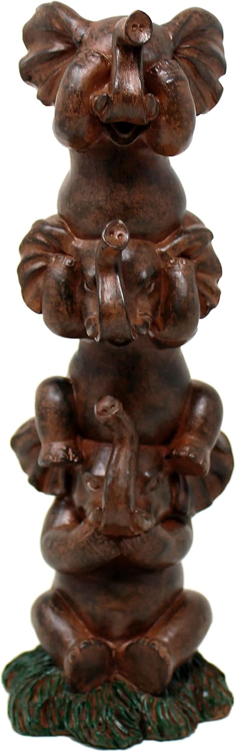 Nature's Mark See Hear Speak No Evil Elephants Totem Statue 9" Tall Jungle Safari Wildlife Acrobatic Elephants Figurine Decor Sculpture Pole Resin Home Decorative Accent (Brown)