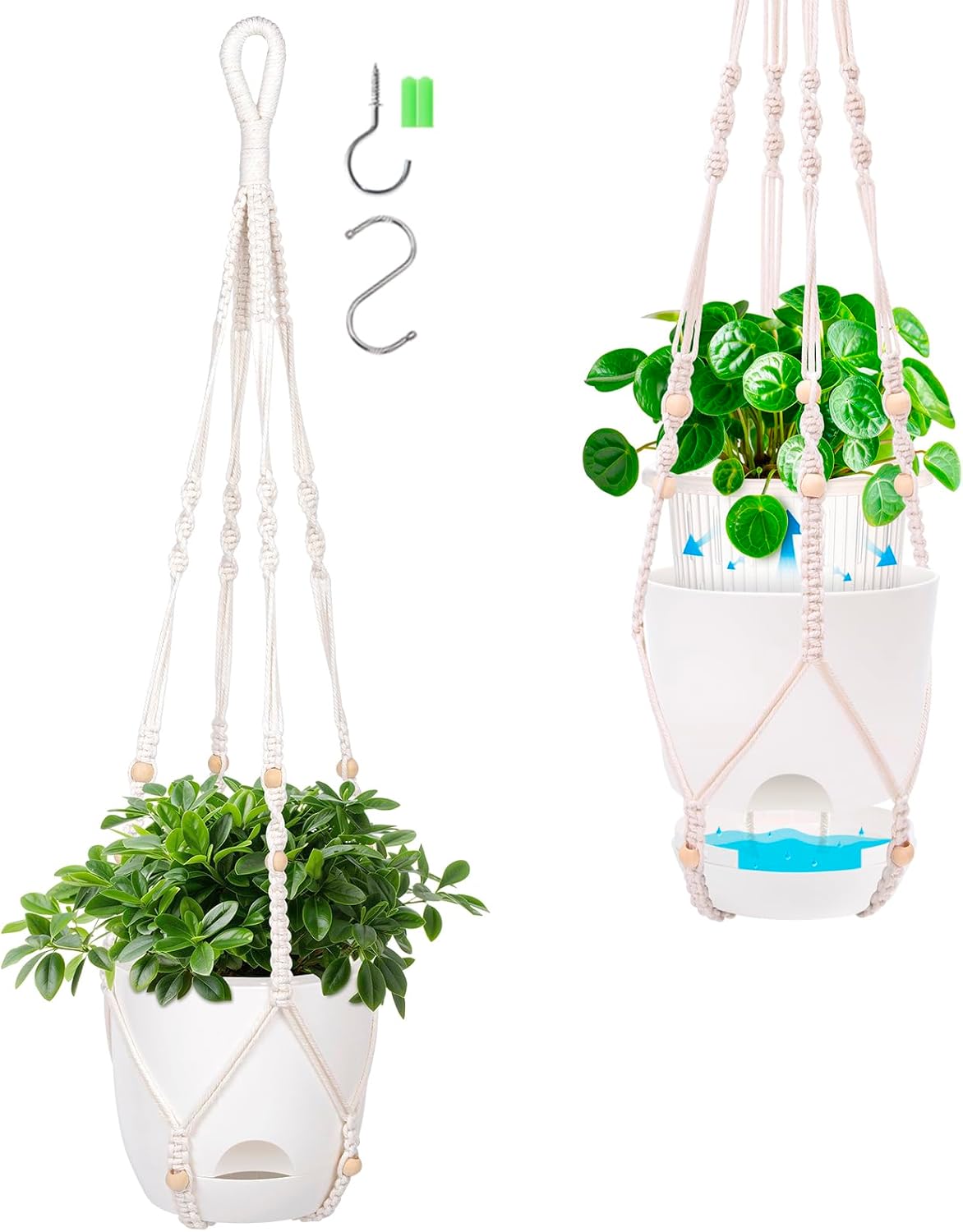 2-Pack 5.7-Inch Self-Watering Hanging Planters for Indoor & Outdoor Plants,34Inch Macrame Hanger Plant Pots Indoor with Drainage,Small Hanging Planters & Baskets,With Two Sets of Hooks（Pure white）