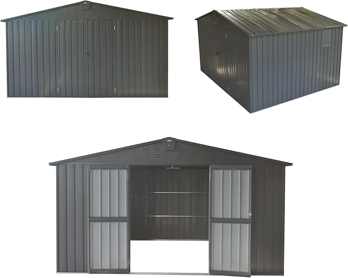Domi Backyard Storage Shed 11’ x 12.5’ with Galvanized Steel Frame & Windows, Outdoor Garden Shed Metal Utility Tool Storage Room with Lockable Door for Patio(Dark Gray)