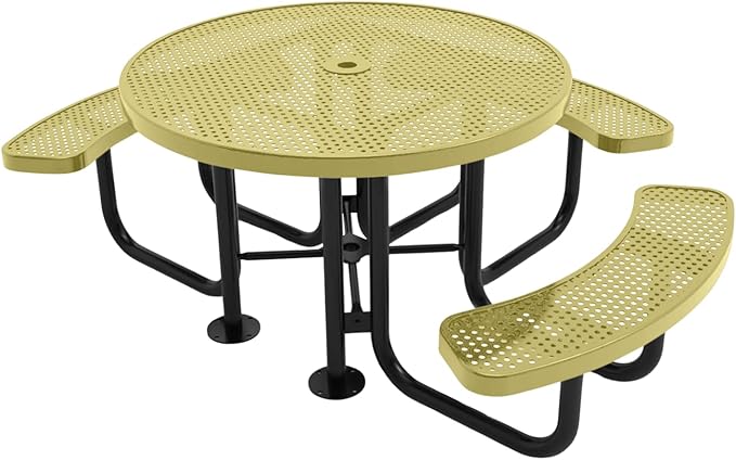 Heavy-Duty Portable Outdoor Picnic Table with Umbrella Hole, Punched Steel Patio Dining Furniture Made in America (46" Round Top, Textured Sandstone)