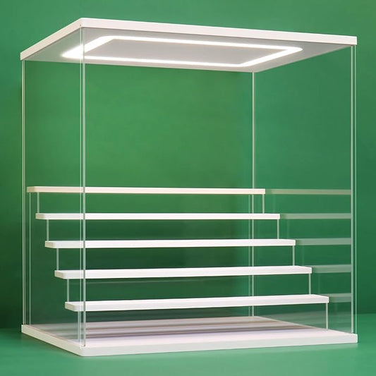 NONEMEY Clear Acrylic Display Case Stand with LED Light 2/3/4/5/6 Tier Storage Box Showcase Dustproof Organizer Box for Collectibles (White 6 Tiers 15.7 * 12.5 * 16.5inch)