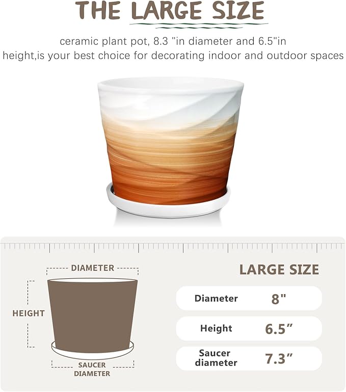8 Inch Plant Pot, Ceramic Planter with Drainage and Saucer, Ceramic Pots for Plants, Indoor Plant pots, Flower pots，Modern Planter(Khaki + White)
