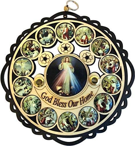 Holy Land Market Divine Mercy Plaque with God Bless Our Home Olive Wood Wall Plaque with Holy Samples & 14 Stations of the Cross, 11 In