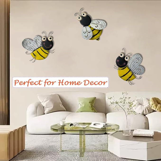3 Pcs Metal Bee Wall Decor, Cute Bumble Bee Sculpture, Funny Animal Wall Decor - Yellow Bodies, Black Stripes, Large Eyes for Home Office Decor (Bee)