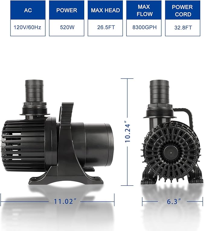 Outdoor Large 8300gph-520W 32.8FT Pond Water-fall & Kio Fish Fountain-s &Garden Pump Submersible IPX8: Long 32.8FT Cord Smart-er & Quieter Duck & Yard &Patio Ponds Pumps, 1 Barrier Pump Bag