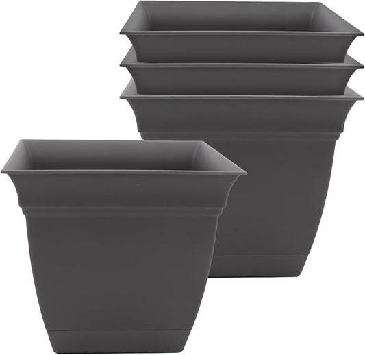 The HC Companies 6 Inch Eclipse Square Planter with Saucer - Indoor Outdoor Plant Pot for Flowers Vegetables Herbs, Warm Gray (Pack of 4)