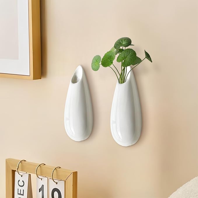 2 Pack White Ceramic Wall Vases,5.9 Inch Wall Hanging Plant Holder,Cubicle Modern Decor Plant Holder Vase for Indoor Plants, Hanging Propagation Flower Pots for Air Vases