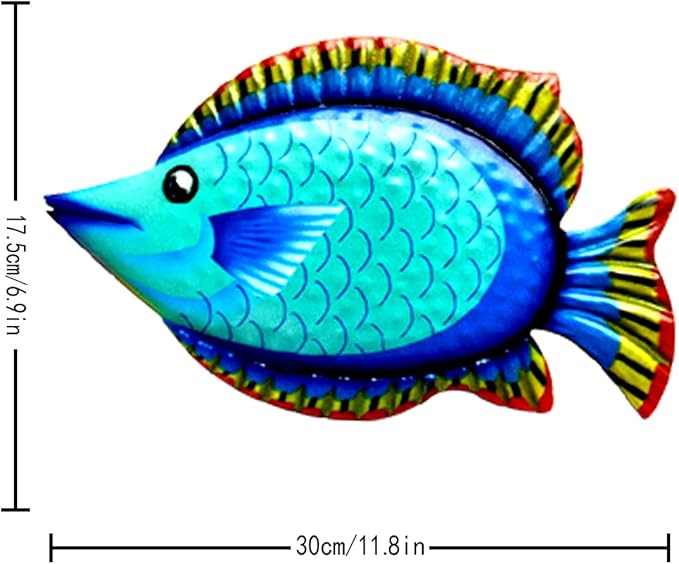 HHgrowe 11.8 Inches Hand-Painted Metal Fish Art Wall Decor Coastal Ocean Sea Hanging Decorations Garden Pool Decor Set of 4 Colorful Outdoor or Indoor Wall Sculptures …