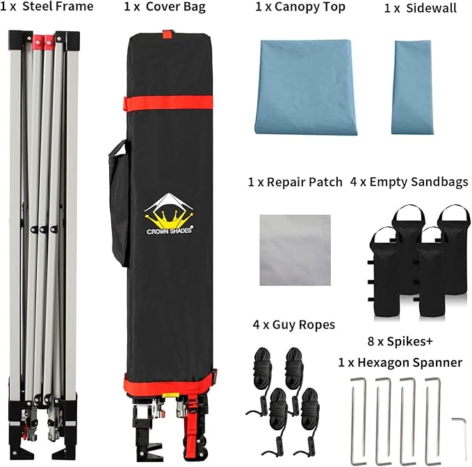 CROWN SHADES 10x10 Pop Up Canopy with 1 Side Wall - Beach Tent with One Push Setup - Outdoor Sun Shade for Events, Parties, Camping - Gazebo with STO-N-Go Cover Bag (Cyan Blue)