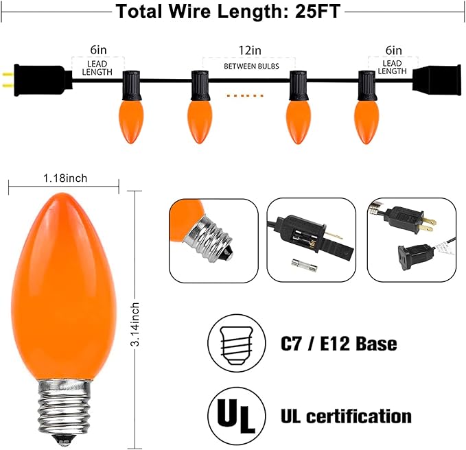 25Ft Halloween Ceramic String Lights, C9 Opaque Orange String Lights with 25 Vintage Bulbs, Outdoor Hanging Lights for Halloween Party Christmas Tree Prom Decor, 7W, C9/E17 Base, Black Wire