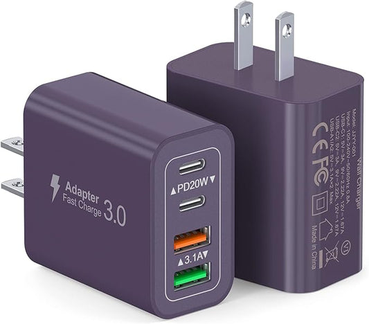 [2Pack] 40W USB C Plug,4-Port Fast Charger Block PD+QC 4 Port Charger Cube Wall Charging Box Brick for Samsung Galaxy S22/S21+/S21 Ultra,Magsafe Wireless Charger,iPhone 16/16 Pro Max/15/14/13(Purple)