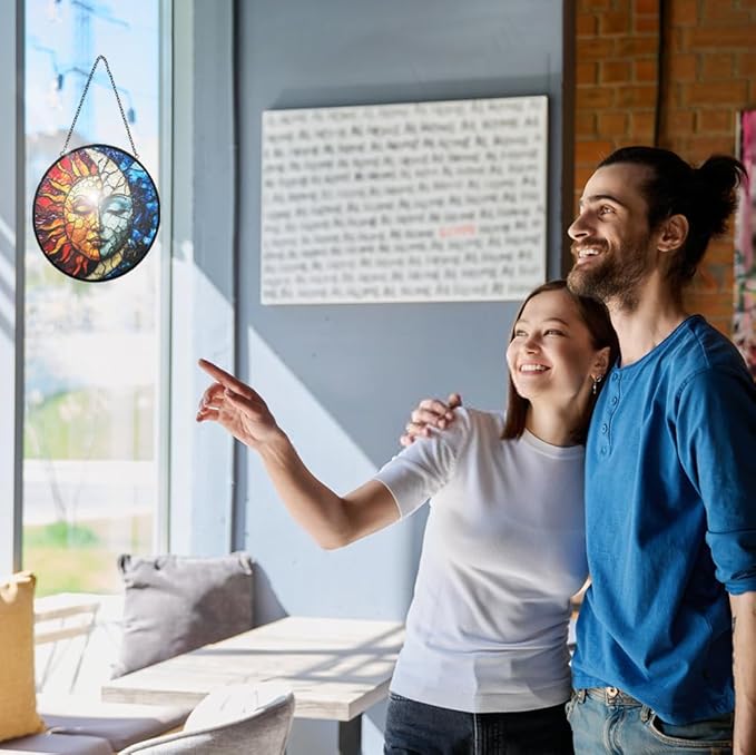 Sun and Moon Decor Suncatcher Stained Glass Window Hanging - Wall Art Stained Glass Suncatchers for Windows Hanging - Home Sun Catchers Indoor Window with Chain - Celestial Decor Gifts for Women Mom