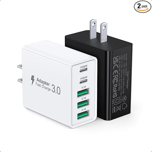 [2-Pack] USB C Wall Charger, 50W USB C Charger Block 5-Port PD Fast Charging Blocks + QC Power Adapter Brick Cube Multiport USB A Plug,Type C Cube for iPhone 16/15/14/13/12/Pro,Samsung,for Switch