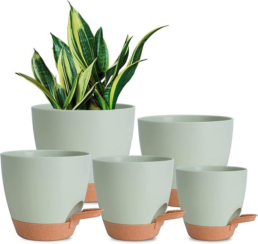 Plant Pots Indoor 7/6.5/6/5.5/5 Inch Self Watering Planters for Indoor Plants with Drainage Hole, Plastic Flower Pots for Succulents, African Violet (Green)