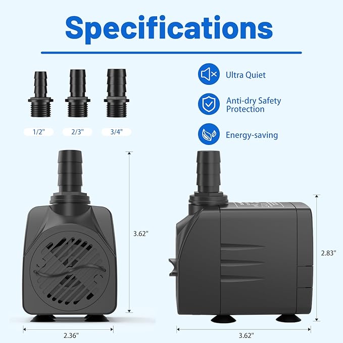 400GPH Submersible Water Pump(1500L/H,25W),Ultra Quiet Fountain Pump with 6.5ft High Lift, Pond Pump for Fish Tank, Pond, Aquarium, Statuary, Hydroponics.