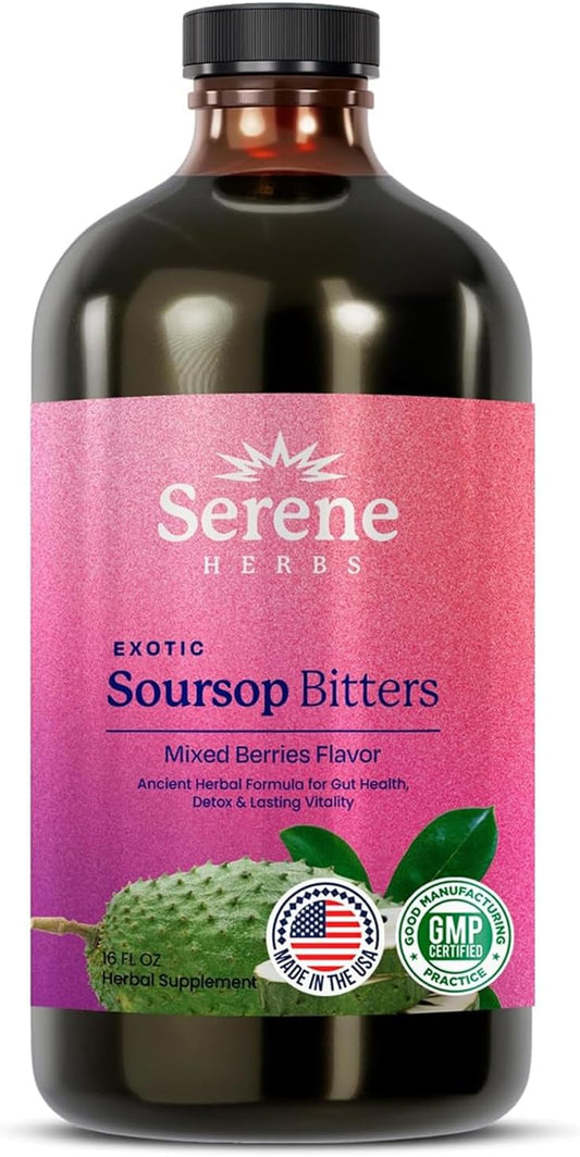Serene Herbs Soursop Bitters Liquid - Organic Herbal Sour Sop Guanabana with Black Seed, Moringa, Irish Moss & Ginger – Gut Support, Energy & Immune Boost – Vegan, Non-GMO – Mixed Berry Flavor – 16 oz
