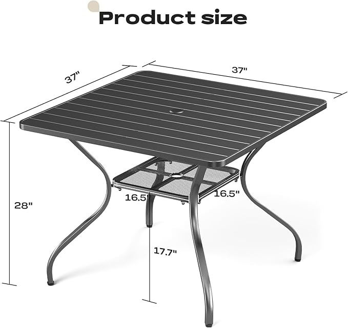 Patio Tables Outdoor Dining Table - Metal Coffee Tables with 2-Tier Storage Shelf 1.57" Umbrella Hole for Outside Proch Deck Balcony Garden Rectangle