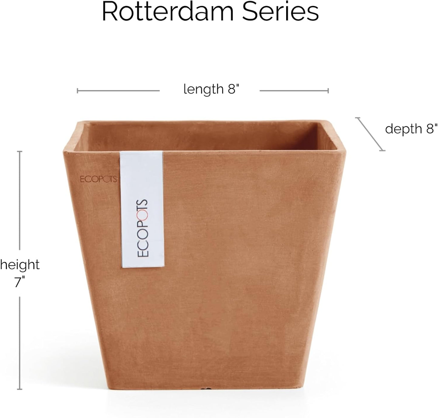 Ecopots Rotterdam Durable Modern Square Indoor/Outdoor Recycled-Based Composite Flower Planter, Terracotta Color, 8"