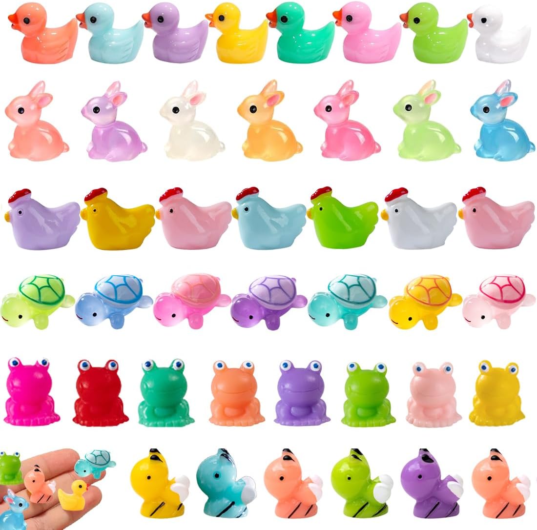 Mini Resin Animals Variety Pack 50 Mini Ducks Bunnies Frogs Turtles Chickens Tiny Little Animals Figures Small Plastic Animal Figurines Fairy Garden Accessories Outdoor Statues Pink