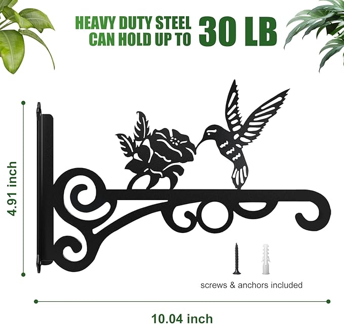 4-Pack 10 Inch Aesthetic Plant Hanger Indoor and Outdoor – Metal Hanging Plant Bracket with Hummingbird Pattern – Heavy Duty Plant Hooks for Hanging Flower Baskets, Bird Feeder, Wind Chime, Lantern