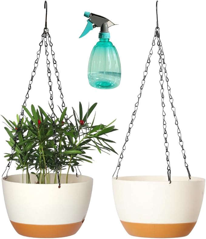 2 Pack Hanging Pots for Plants Outdoor Indoor, 10 Inch Hanging Planters with Drainage Hole (10 inch-White)