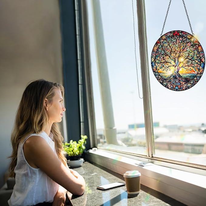 Tree of Life Suncatcher Stained Glass Window Hanging - 8″ Handmade Sun Catchers Indoor Window Valentines Day Decorations with Hooks and Chain - Wall Art Home Decor Panel Gifts for Women Men Mom Dad