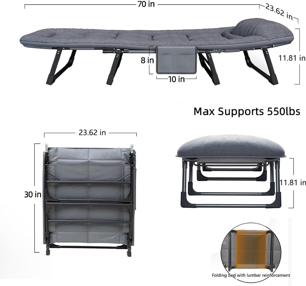 Camping Cot Portable Folding Bed for Adults 6 Position Adjustable Cot Recliner Chair with Pillow Heavy Duty Steel Frame Camping Office Nap Indoor Outdoor Use (Medium(70in))