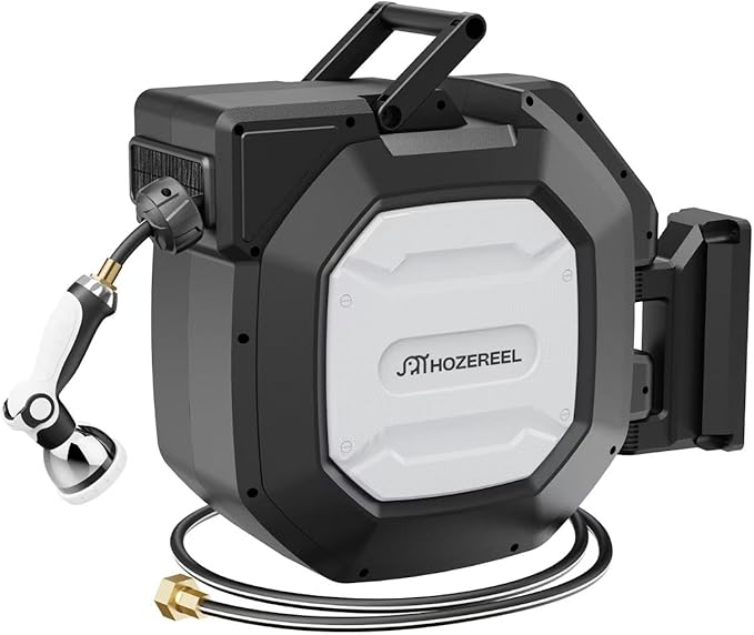 5/8" x 100 ft Heavy Duty Retractable Garden Hose Reel by HOZEREEL, Outdoor Garden Hose Reels - Self Retract Wall Mount Hose Reel Automatic Storage, Any Length Lock, 10 Pattern Nozzle