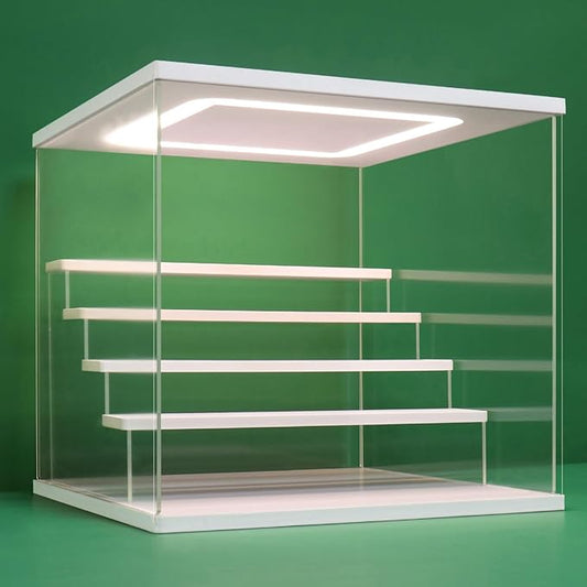 NONEMEY Clear Acrylic Display Case Stand with LED Light 2/3/4/5/6 Tier Storage Box Showcase Dustproof Organizer Box for Collectibles (White 5Tier 12.4*12.2*12inch )
