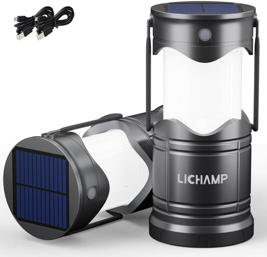 Lichamp 2-Pack Solar Camping Lantern, USB Rechargeable LED Lanterns Battery Powered Pop Up Flashlight Lamps with Three Modes Power for Power Outages Hurricane Supplies Emergency Indoor & Outdoor