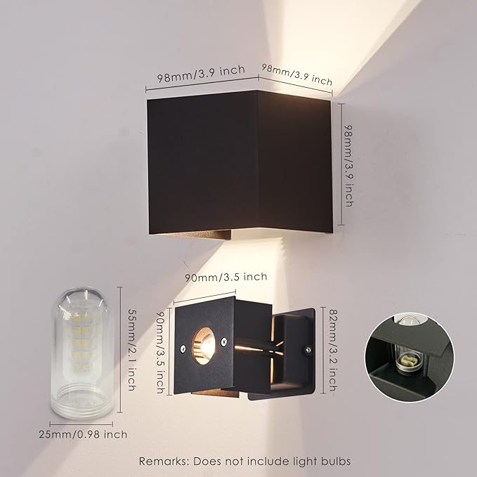 LANFU LED Aluminum Wall Lamp IP65 Waterproof, Black Modern Fashion Square Wall Lamp Wall Type Replaceable Bulb