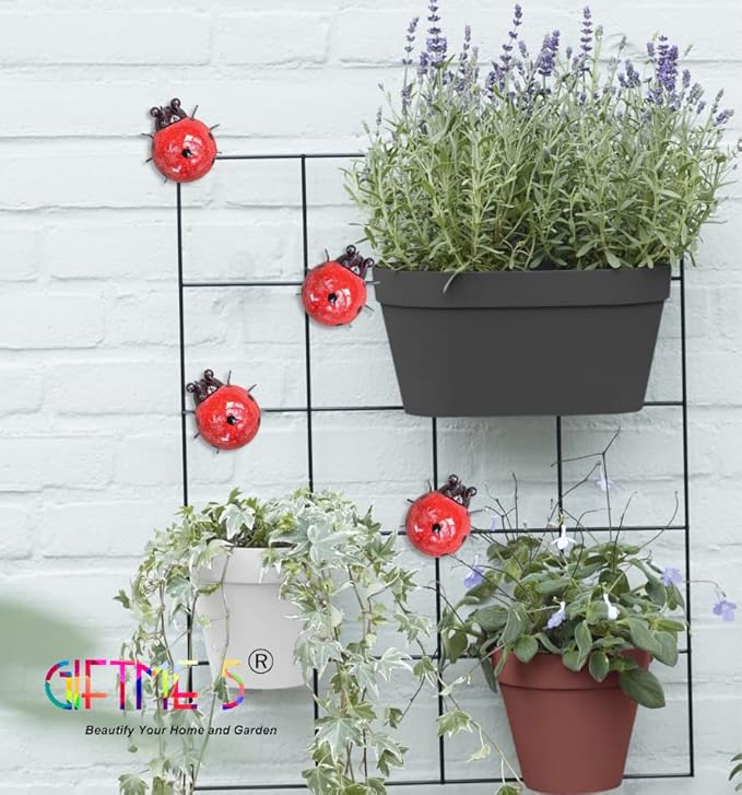 GIFTME 5 Metal Garden Yard Art Decorative 4 Pack Ladybugs Outside Garden Wall Sculptures(RED)