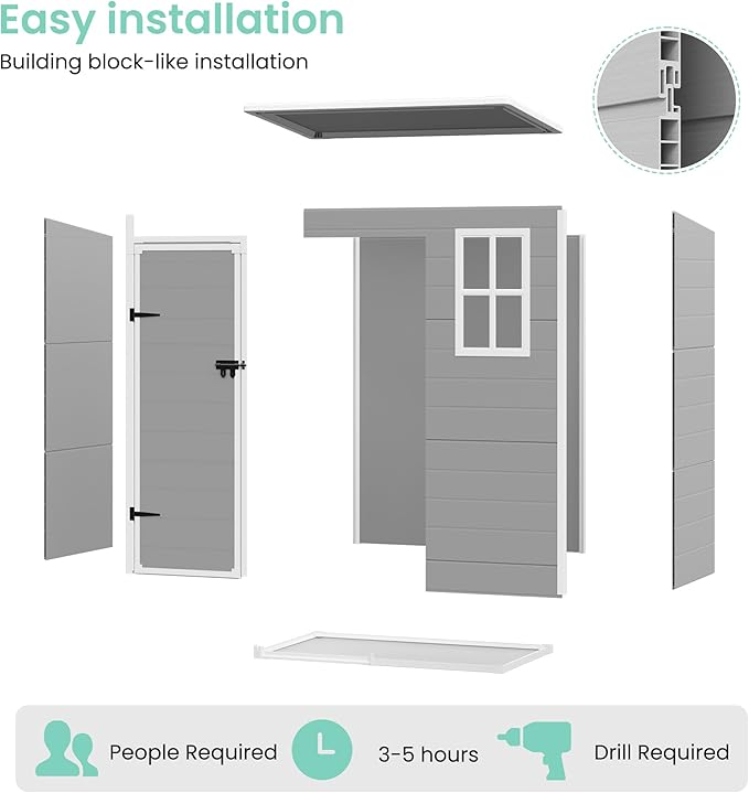 UDPATIO Outdoor Storage Shed 5x3 FT, Plastic Garden Shed for Bike, Garbage Can, Tool, Outside Sheds & Outdoor Resin Shed with Lockable Door for Backyard, Patio, Lawn, Grey & White