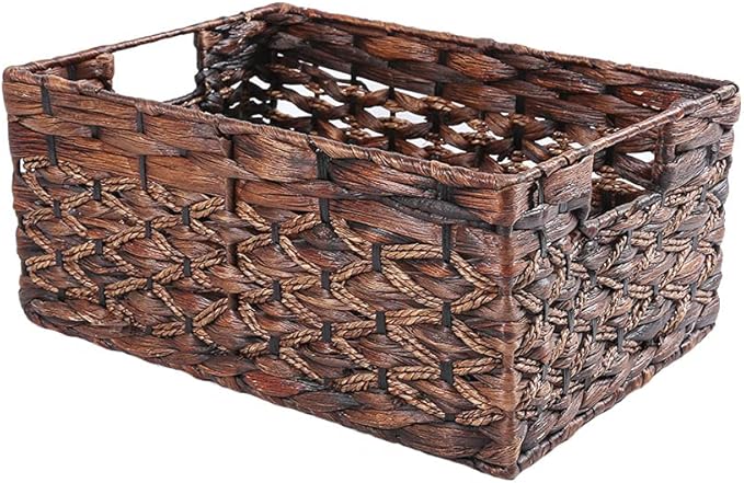 Rectangular Wicker Storage Basket, Dark Water Hyacinth Basket With Inside Handles Shelves Kitchen Office Desk (Large)