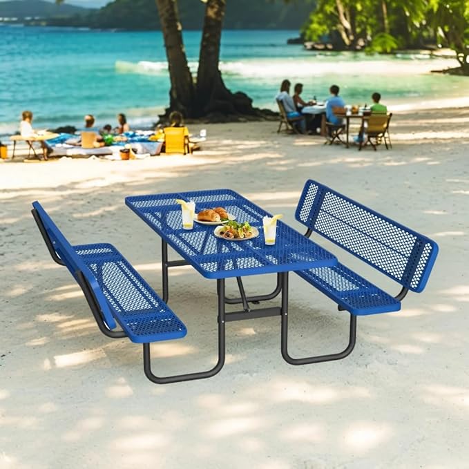 79'' Steel Rectangular Picnic Table for Outdoors, with backrest, Expanded, Lifetime Picnic Table with Umbrella Hole, Heavy Duty Sturdy Commercial Picnic Tables for Garden Courtyard BBQ, Blue