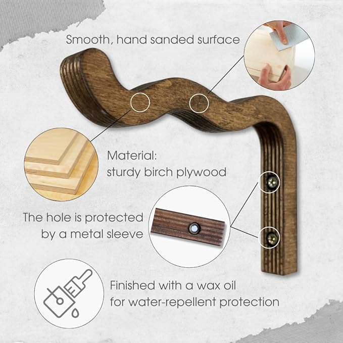 2-Piece Set of Wavy Wooden Wall Planters for Indoor Plants 6 Inch - Natural Plant Hook for Wall Plant, Wind Chimes, Flower Brackets, Patio Garden Decorations - Bracket Plant Hanger (Walnut)