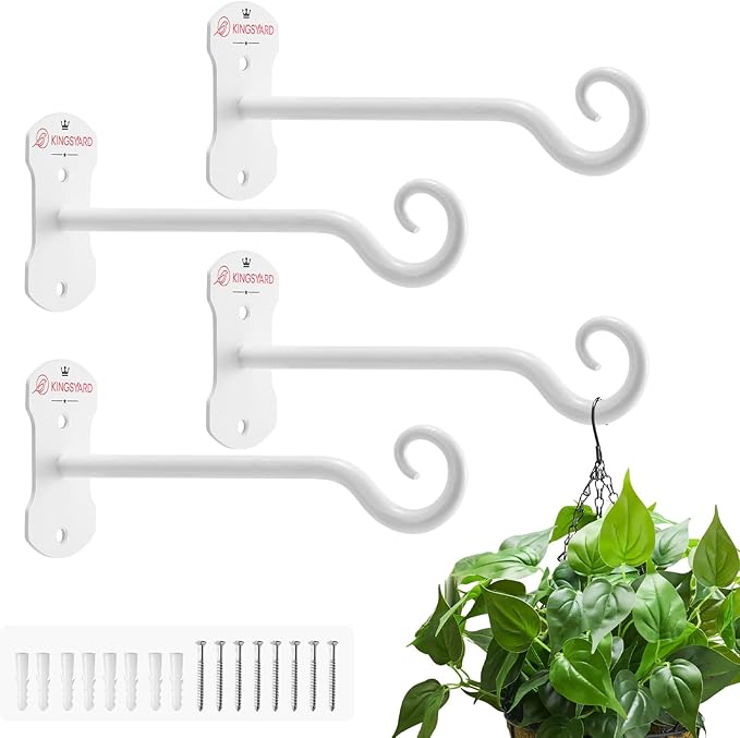 Kingsyard 4 Pack Wall Plant Hanger - Heavy Duty Metal Hanging Bracket Hooks for Hanging Plant Bird Feeders Lanterns Wind Chimes Indoor/Outdoor. White