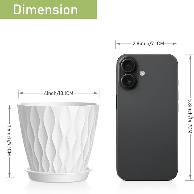 6 Pack 4 Inch Small Plant Pots with Saucers, 3D Textured Plastic Planters with Drainage Holes for Indoor and Outdoor Plants, Flowers, Herbs, Succulents, and Seedlings, White