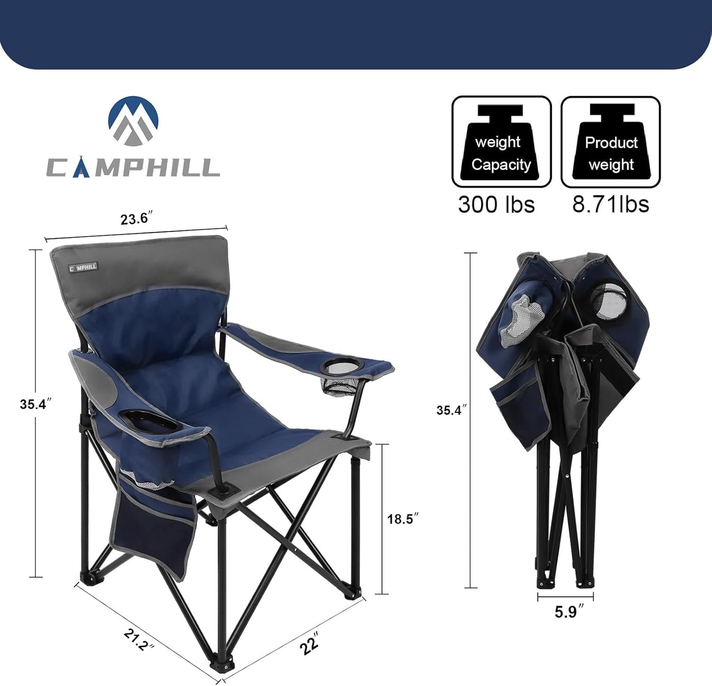 CAMPHILL Oversized Portable Camping Chairs, Collapsible Outdoor Chairs with Pocket and Cup Holders, Carry Bag for Camping,Tailgates,Beach,and Sports
